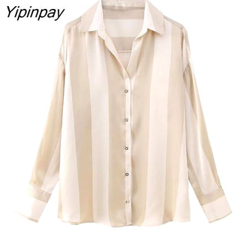 Yipinpay 2023 New Women Thin Striped Blouses Shirt Summer Causal Turn-Down Collar Tops Vintage Single Breasted Loose T-Shirts